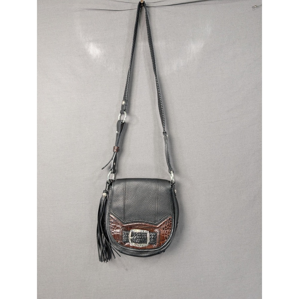Brighton Black Leather Croco Embossed Crossbody Bag Tassel Buckle